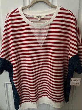 Haptics Red & White Striped Top with Navy Side Panels